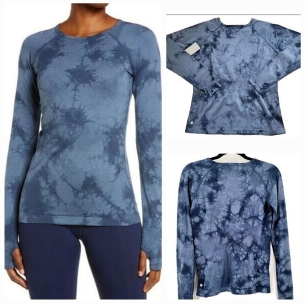 Zella Womens Blue Tie Dye Seamless Long Sleeve Performance Top Thumbholes Small‎